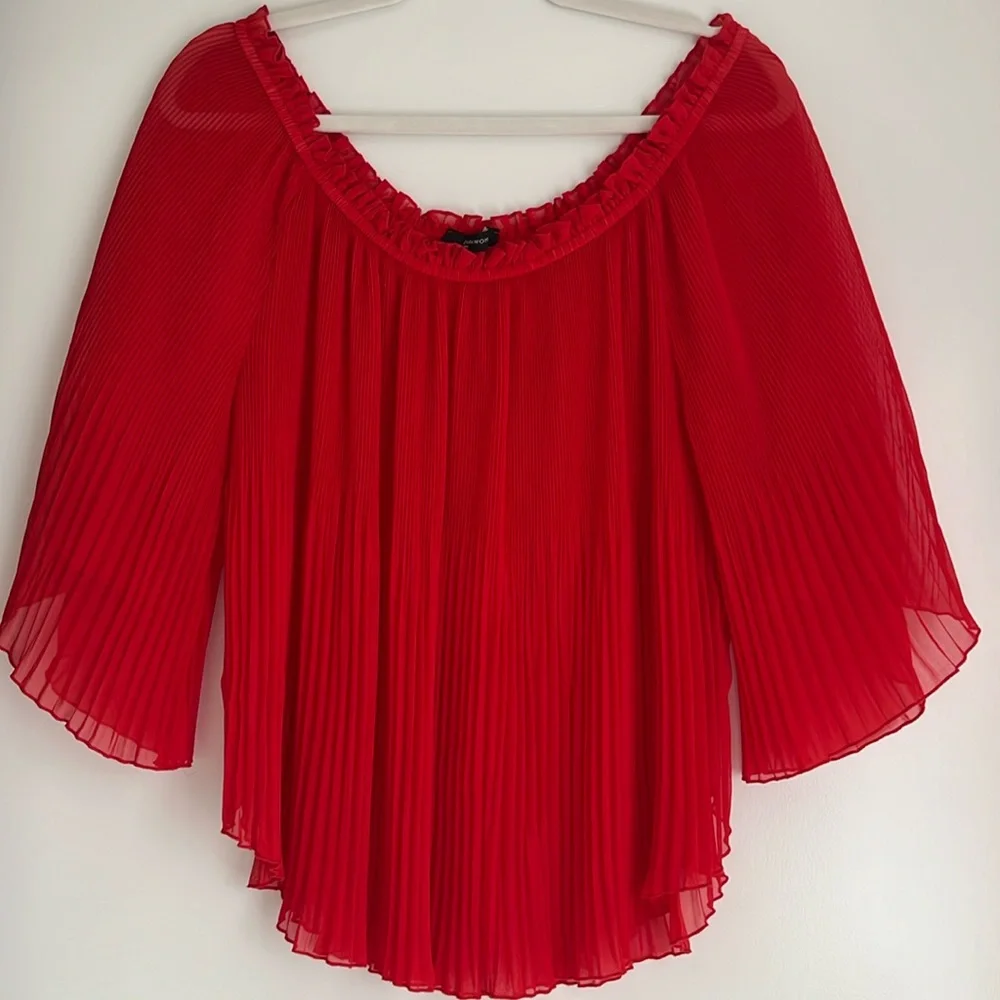 Zara Red Top Sheer Flowy Blouse Flirty Long Sleeve Pleated Off the Shoulder - Picture 1 of 6